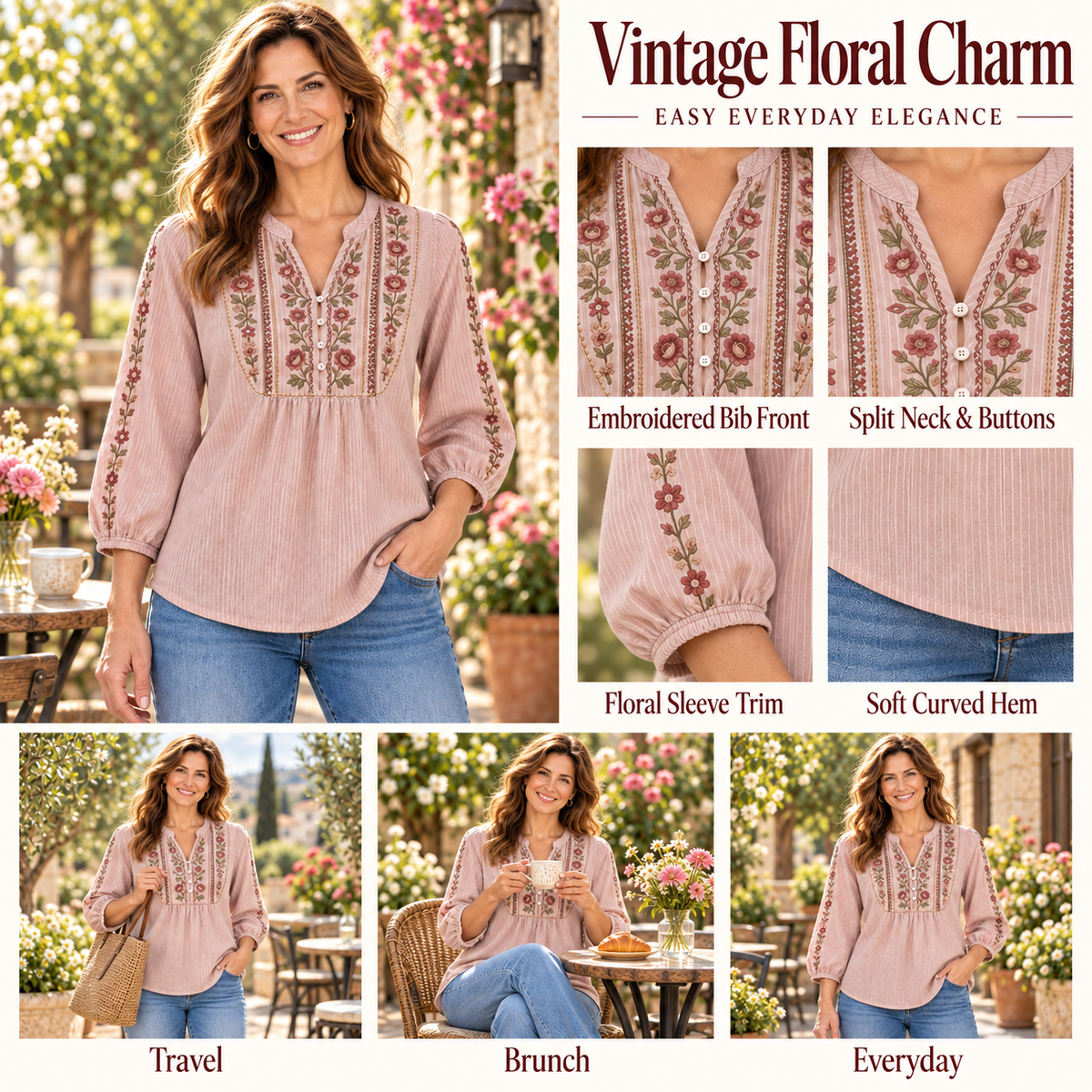 Colette | Boho floral embroidered blouse blush pink 3