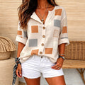 Leah | Geometric colourblock split V-neck button blouse 1