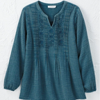 Emma | Teal cotton gauze floral embroidered pleated v top 2