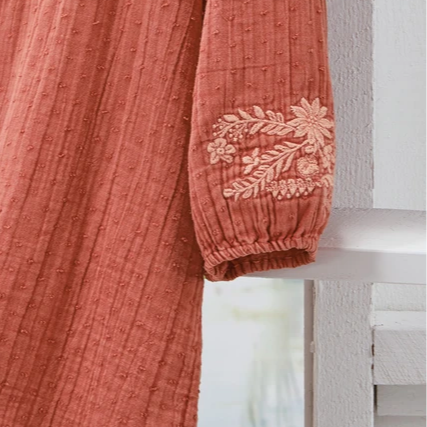 Estelle | Terracotta cotton gauze floral embroidered V-neck top 3