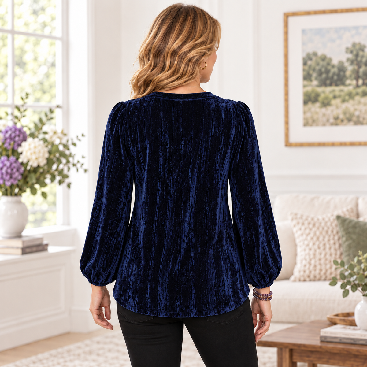 Clarissa | Floral embroidered velvet blouse navy 3