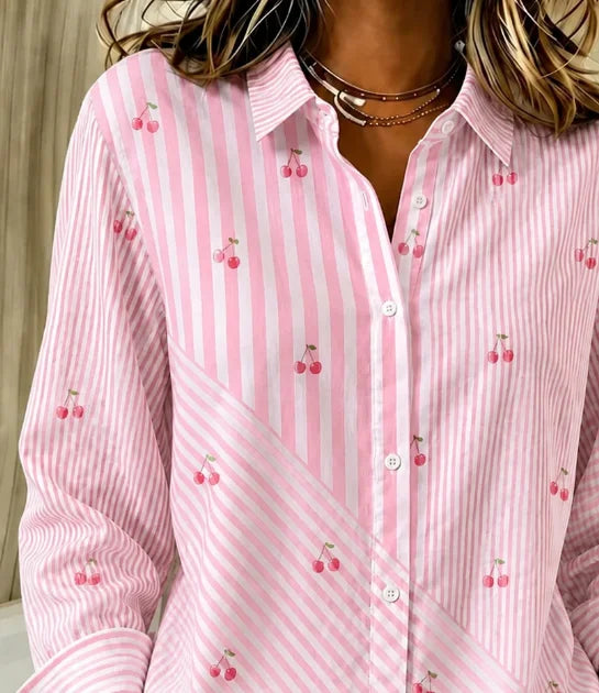 Joy | Pink cherry print stripe button down shirt 2