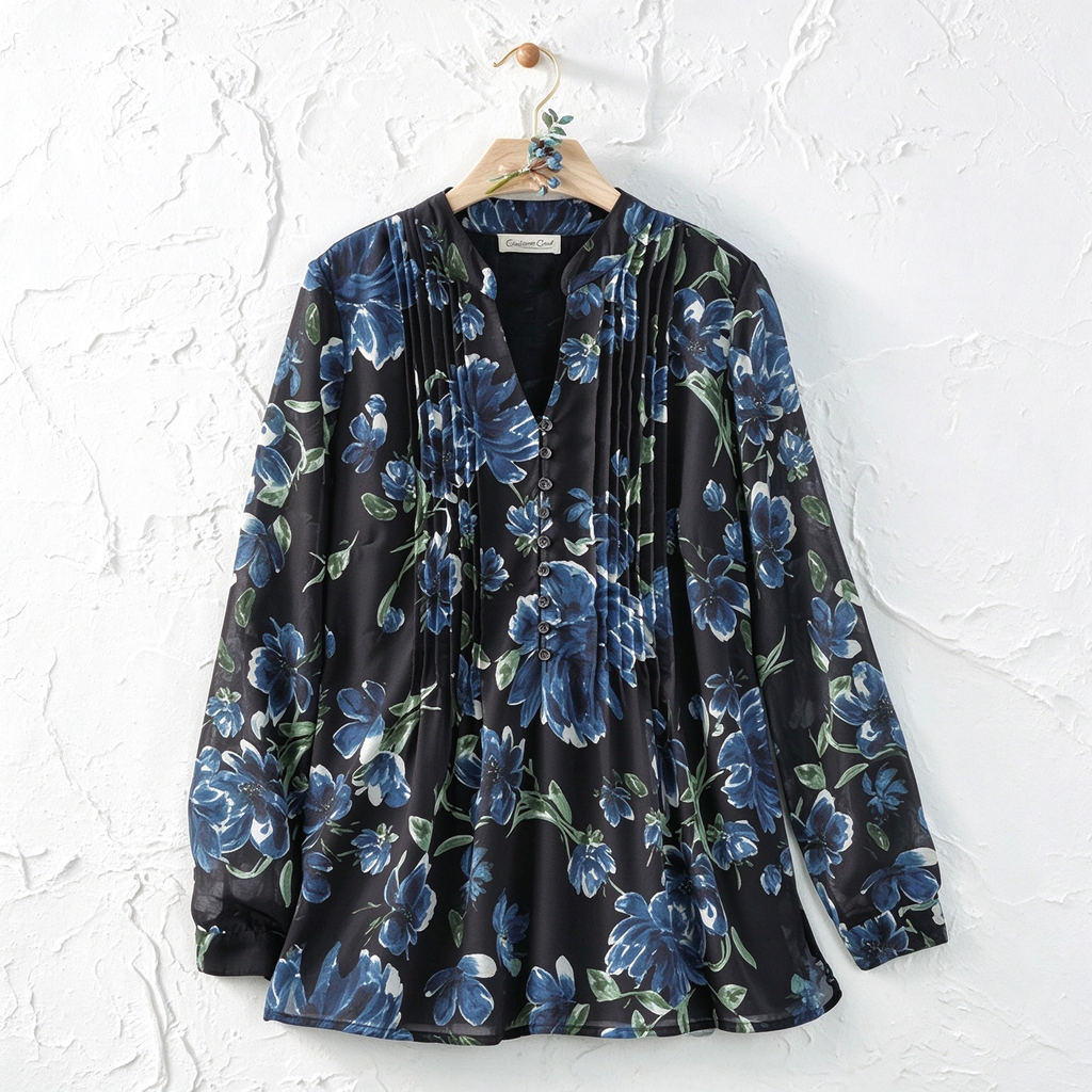 Daisy | Black blue floral pleated button notch neck top 2