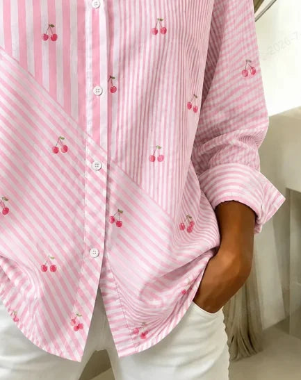 Joy | Pink cherry print stripe button down shirt 3