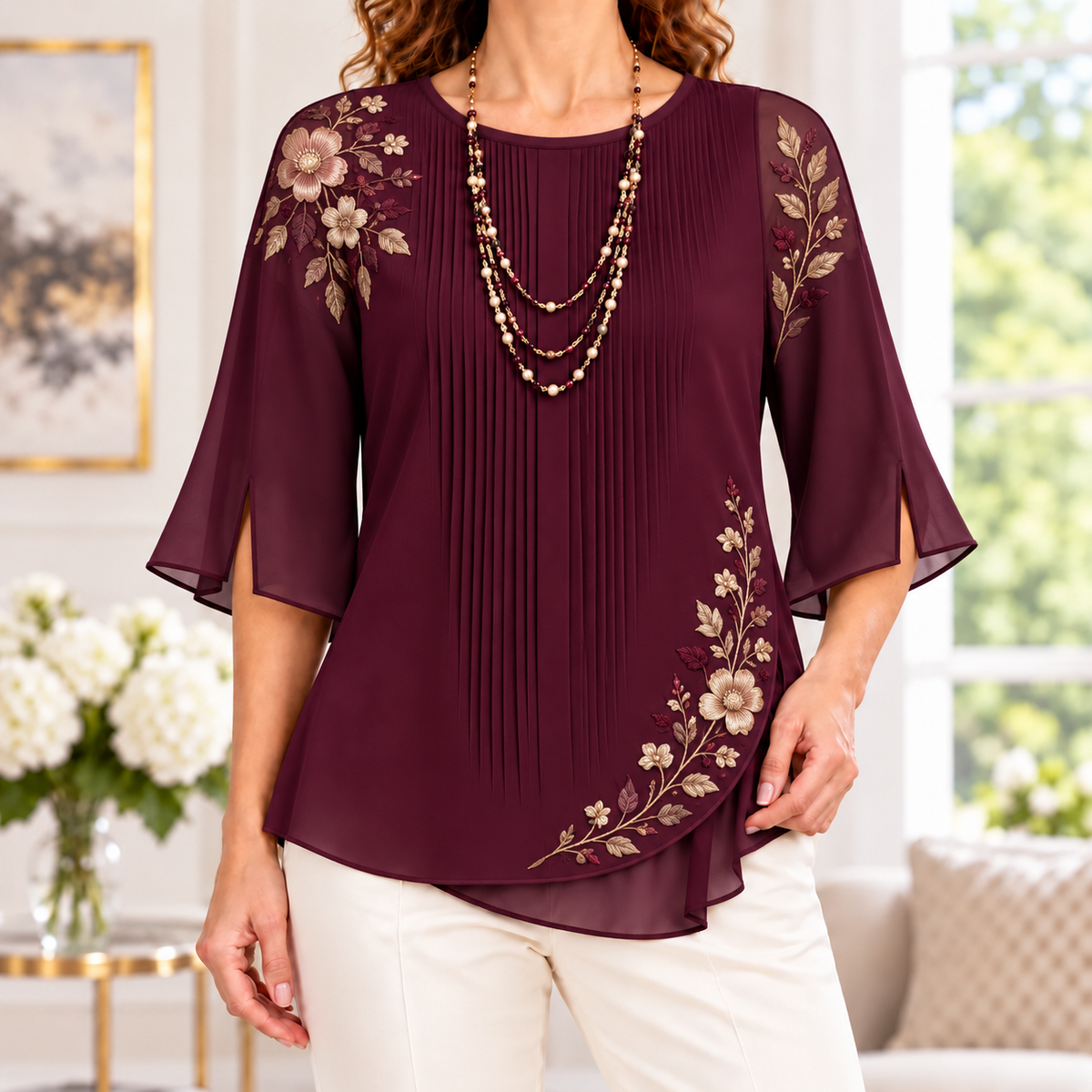 Gloria | Burgundy floral embroidered pleated blouse 1