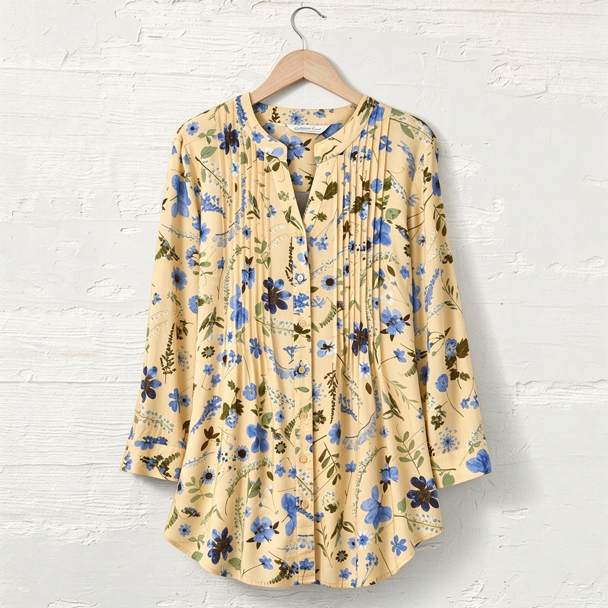 Dana | Yellow blue floral pleated button notch neck top 2