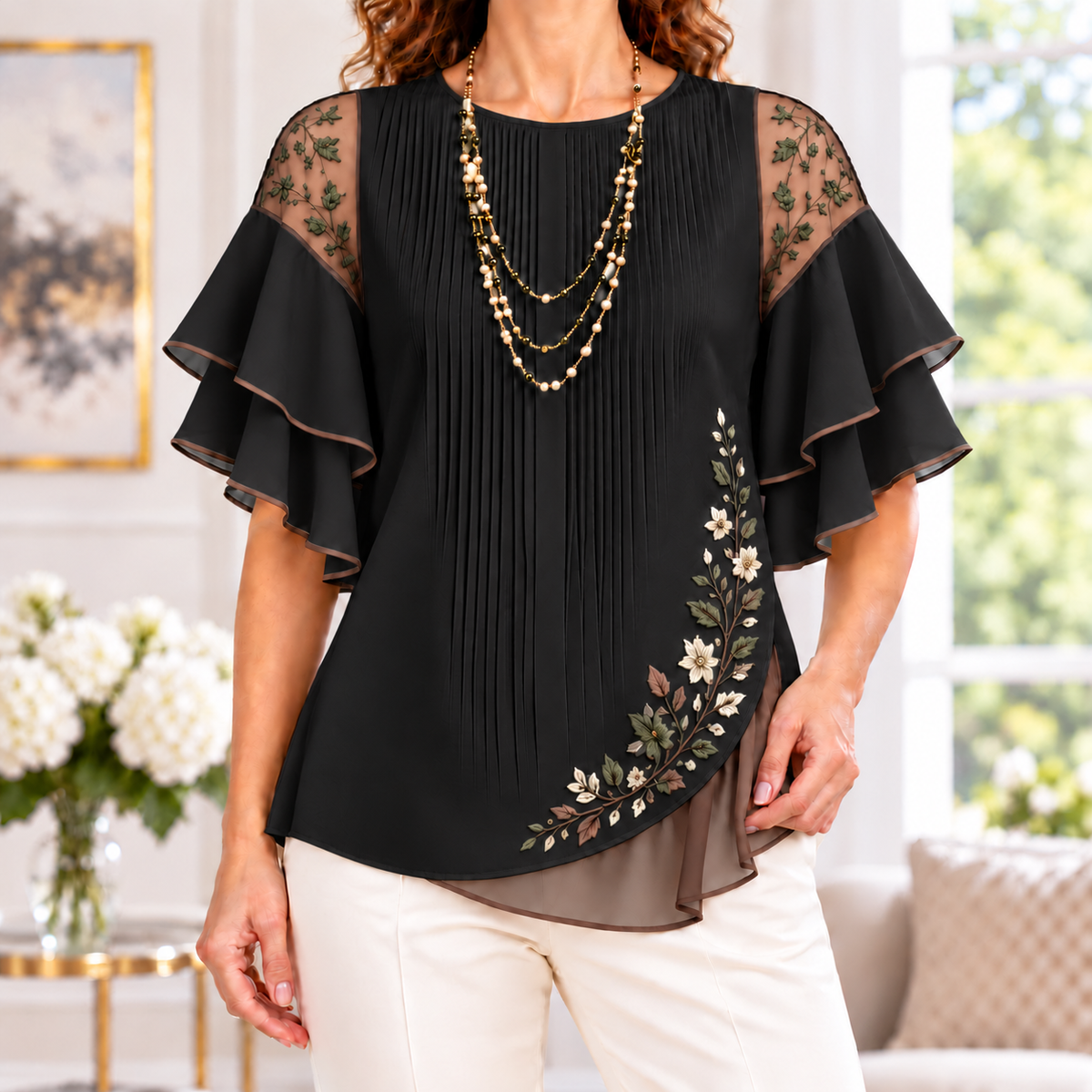 Beatrice | Floral embroidered pleated layered blouse 5