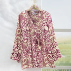 Esther | Pink boho floral print pleated tassel tie top 2