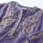 Coral | Purple cotton gauze embroidered notch V-neck top 3