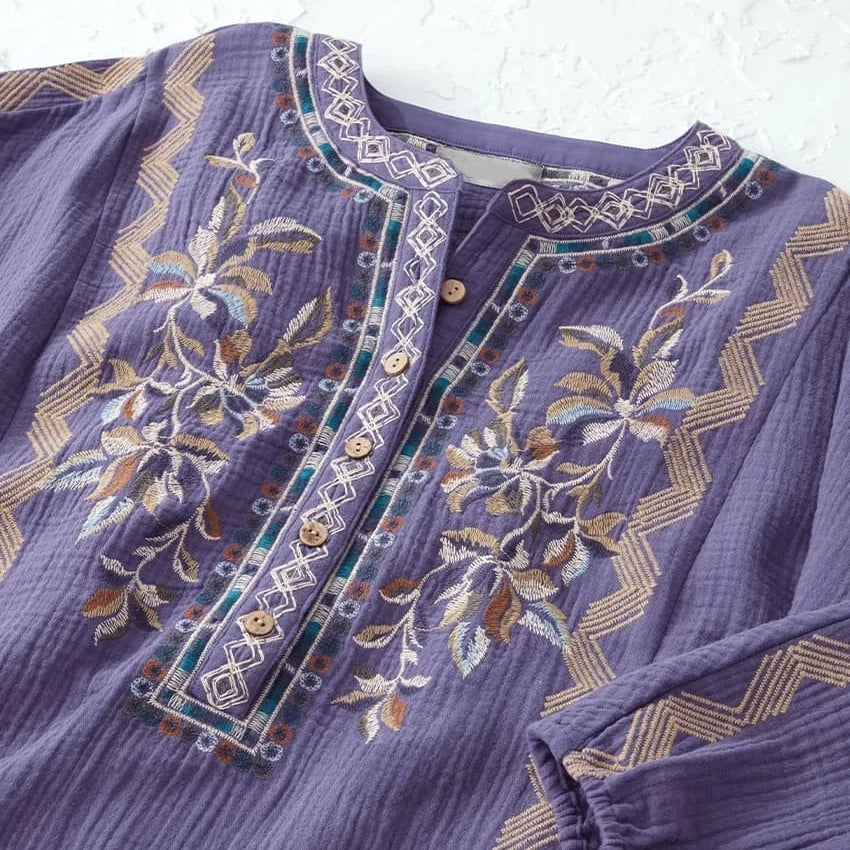 Coral | Purple cotton gauze embroidered notch V-neck top 3