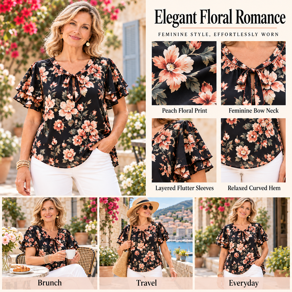 Eleanora | Romantic floral bow blouse black flutter sleeve 4