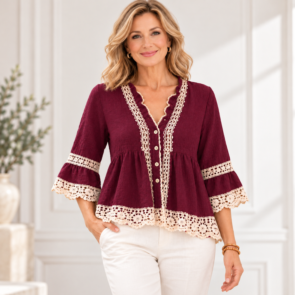 Elvira | Boho lace trim V-neck peplum blouse 2