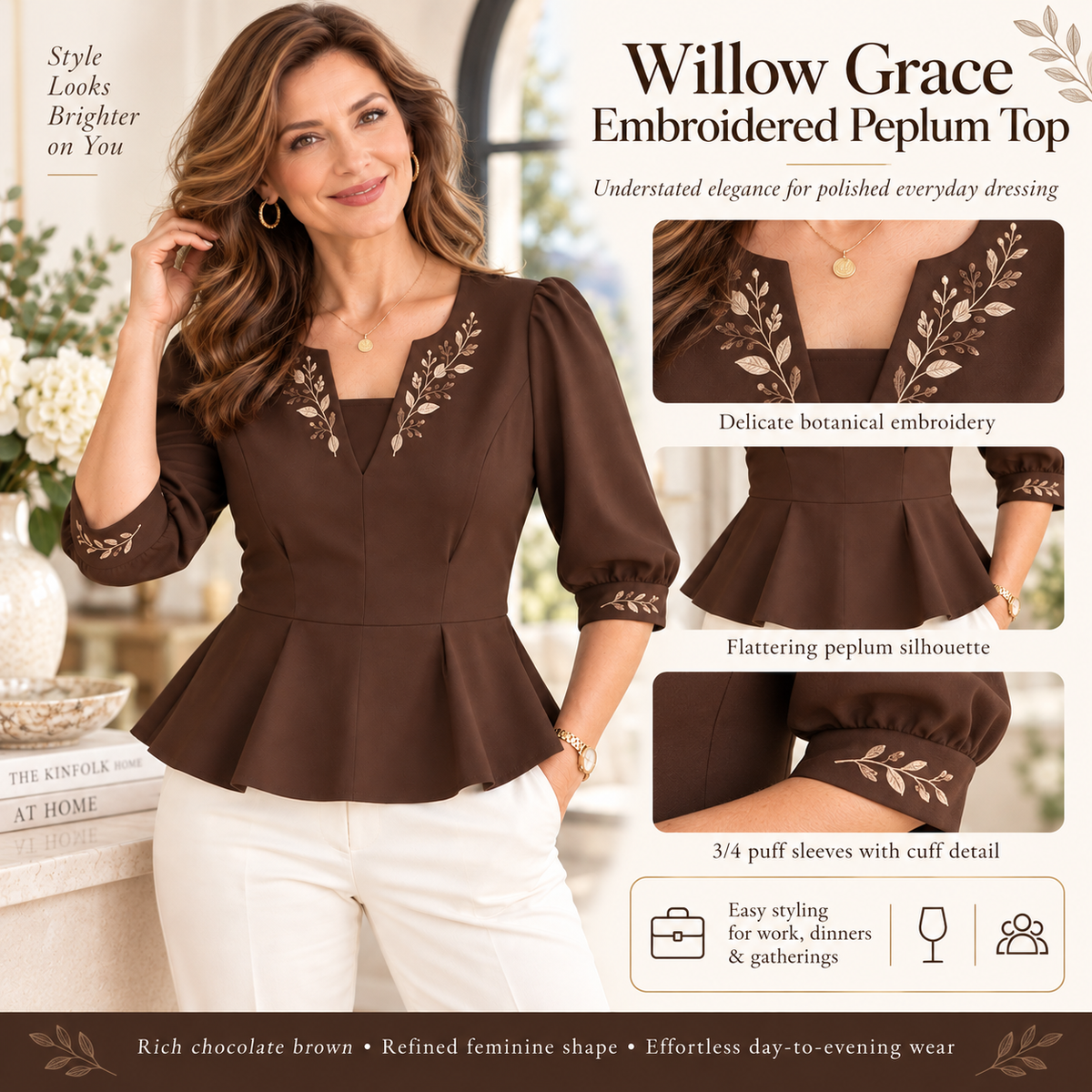 Nadia | Floral embroidered peplum top brown 4
