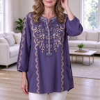 Coral | Purple cotton gauze embroidered notch V-neck top 1
