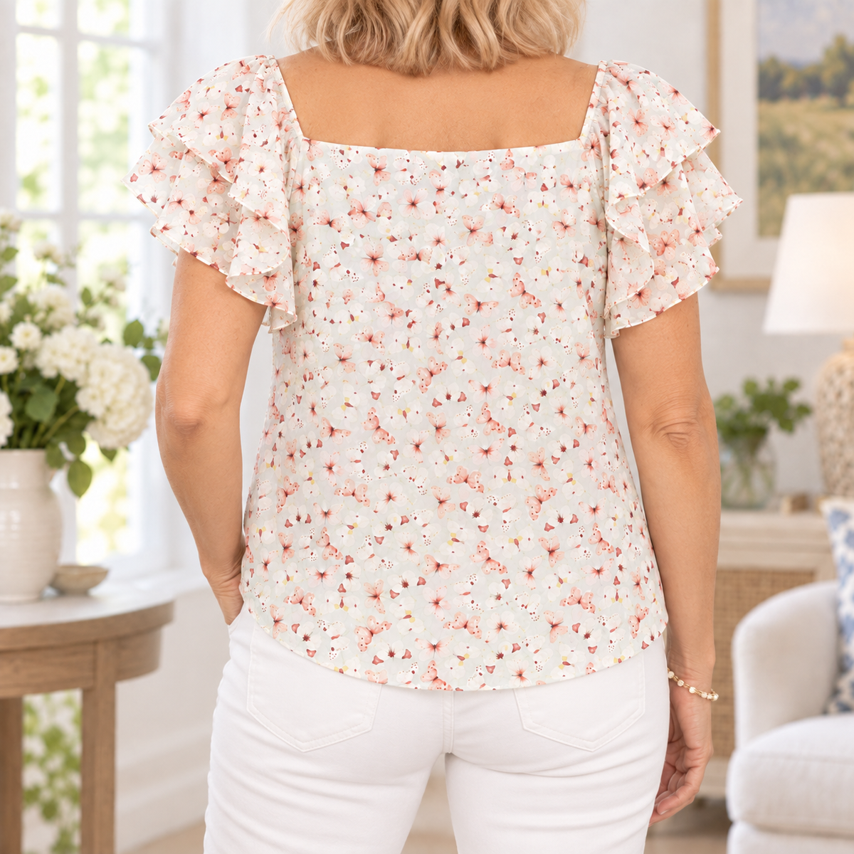 Eileen | Romantic floral ruffle blouse square neck 3