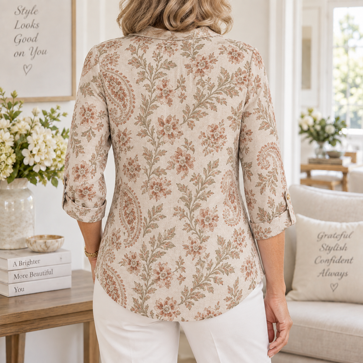 Dulcie | Beige paisley tunic cowl neck 3/4 sleeve 3