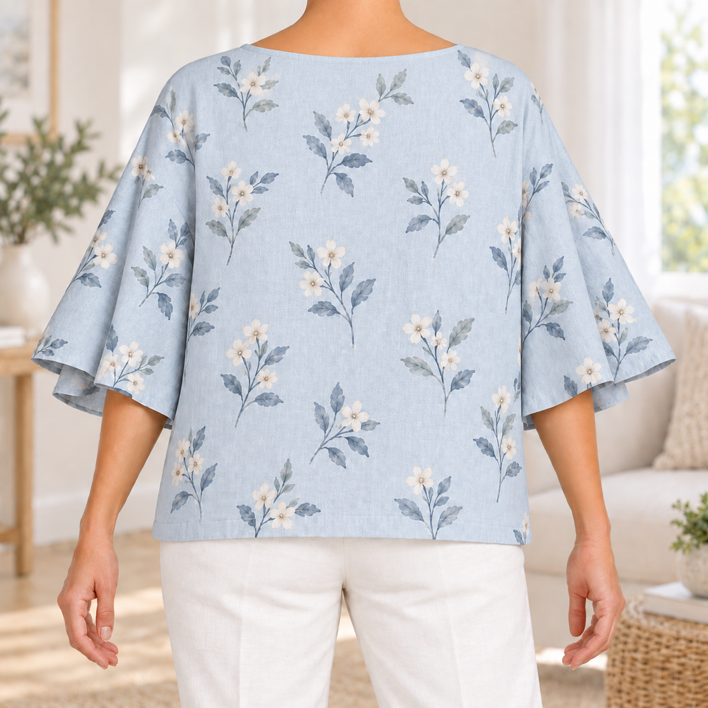 Molly | Boho floral print blouse blue flutter sleeve 3