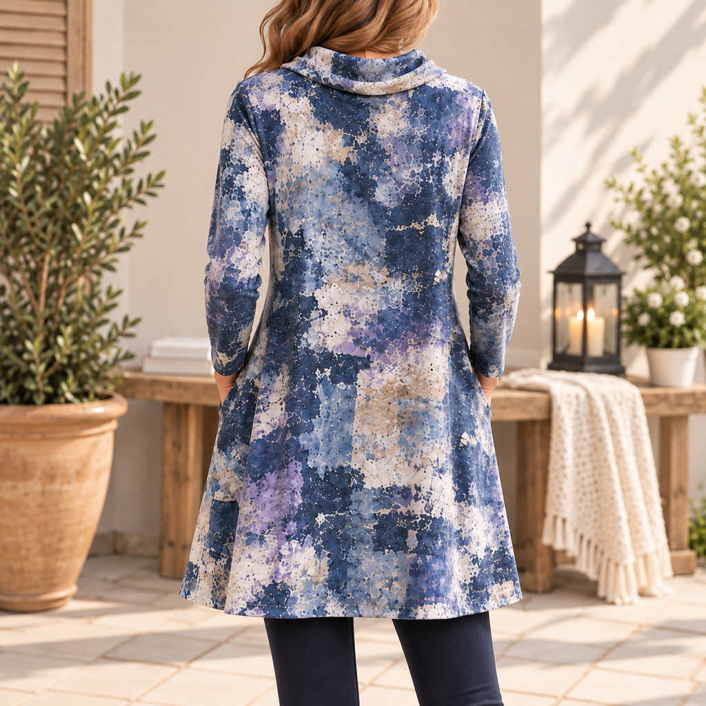 Maureen | Boho abstract print tunic blue cowl neck 3