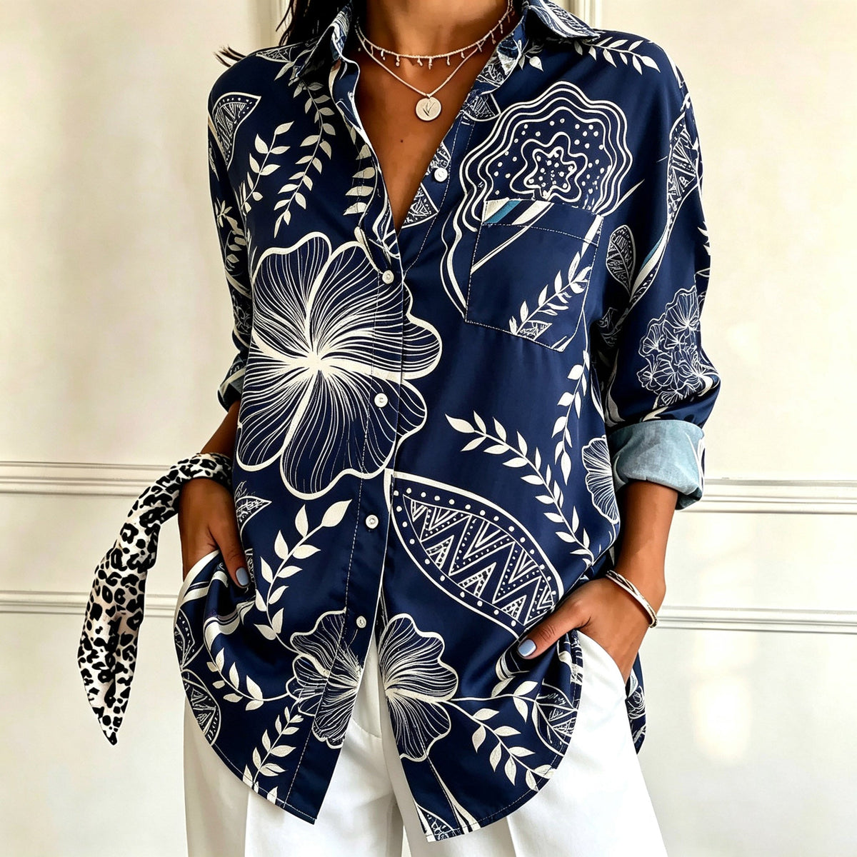 Ivy | Navy blue floral print shirt 1