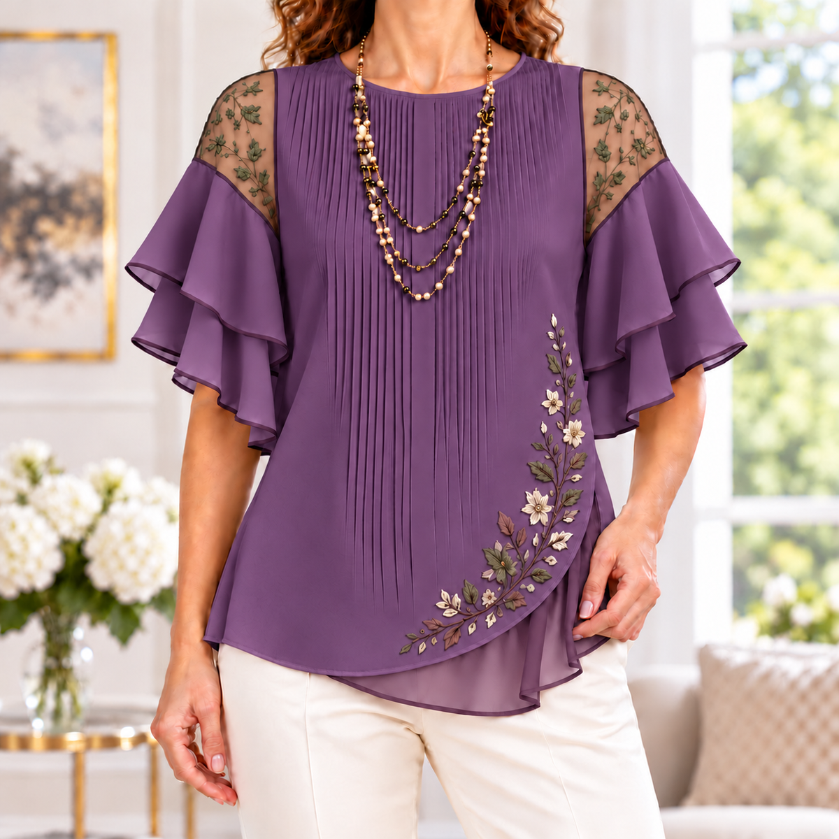 Beatrice | Floral embroidered pleated layered blouse 11