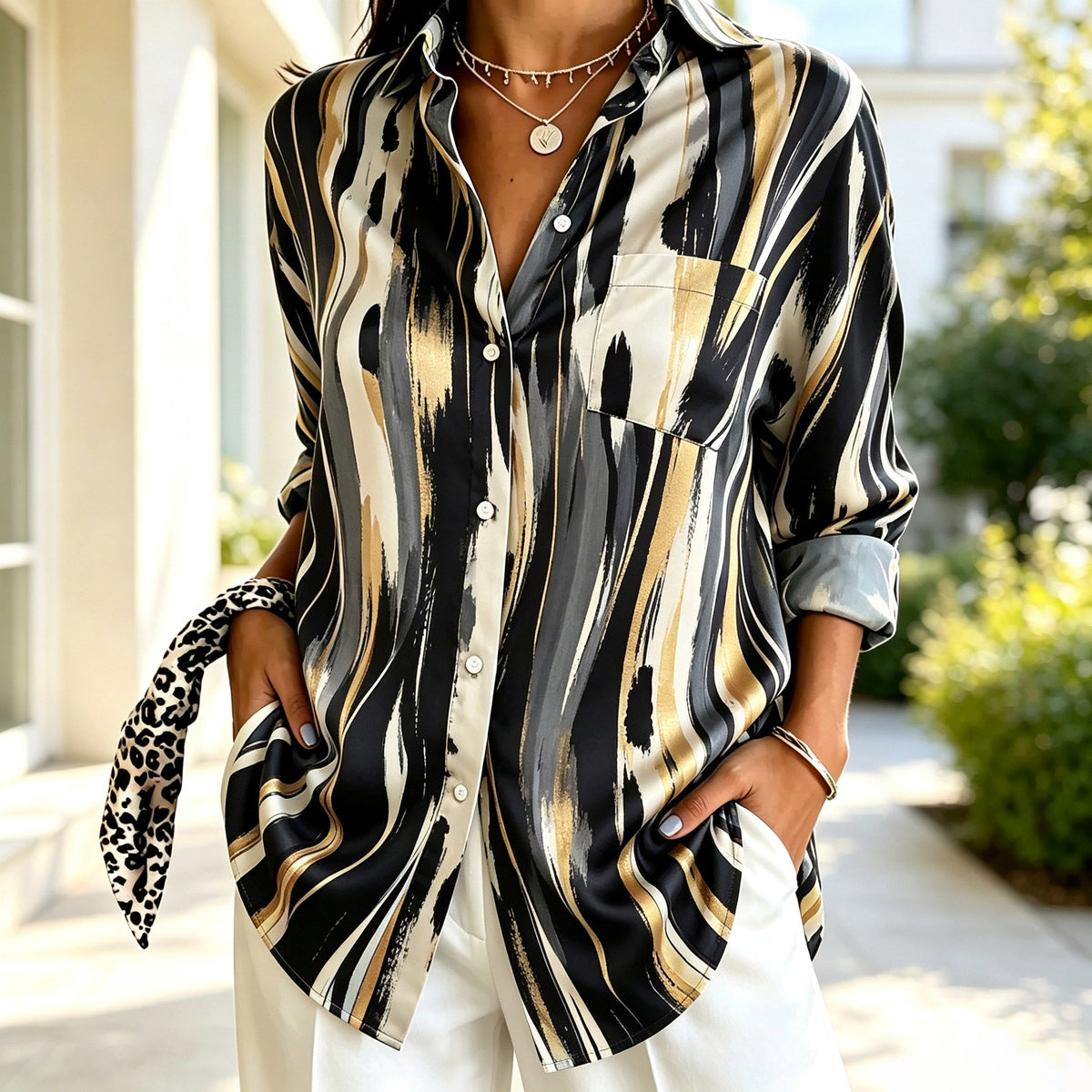 Iris | Gold black striped button down blouse 1
