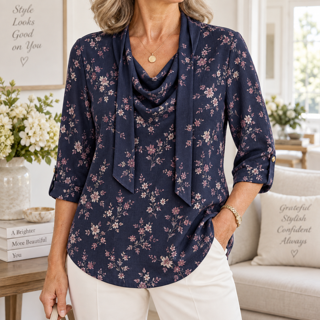 Emilia | Navy floral tunic cowl neck 3/4 sleeve 1