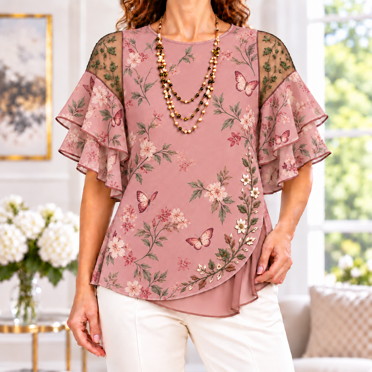 Arielle | Butterfly floral pleated blouse 1