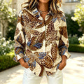 Maeve | Brown abstract dot floral print button down top 1