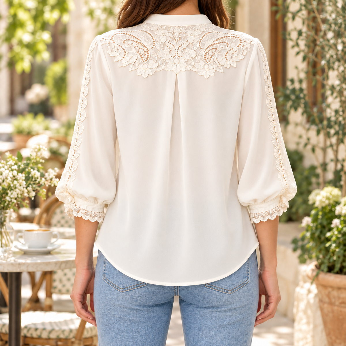 Eugenie | Romantic lace trim blouse ivory 3/4 sleeve 3