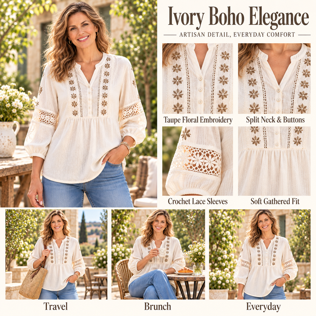 Claire | Boho floral embroidered blouse ivory 3/4 sleeve 3