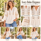 Claire | Boho floral embroidered blouse ivory 3/4 sleeve 3