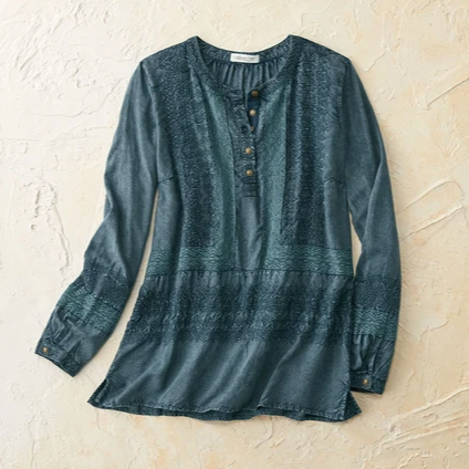 Esme | Dark teal lace inset button notch v top 2