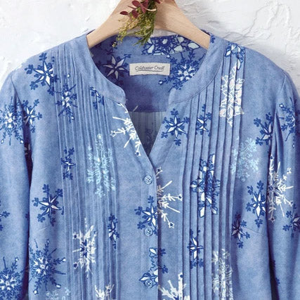 Diana | Blue snowflake pleated button notch neck tunic 3