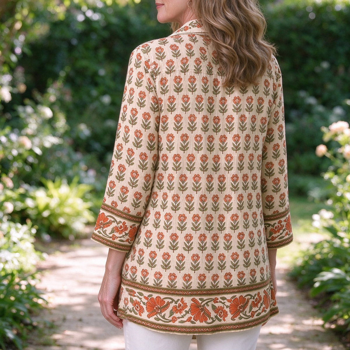 Dolores | Beige floral print button down border hem top 2