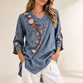 Penelope | Floral embroidered tunic blue 3/4 sleeve 1