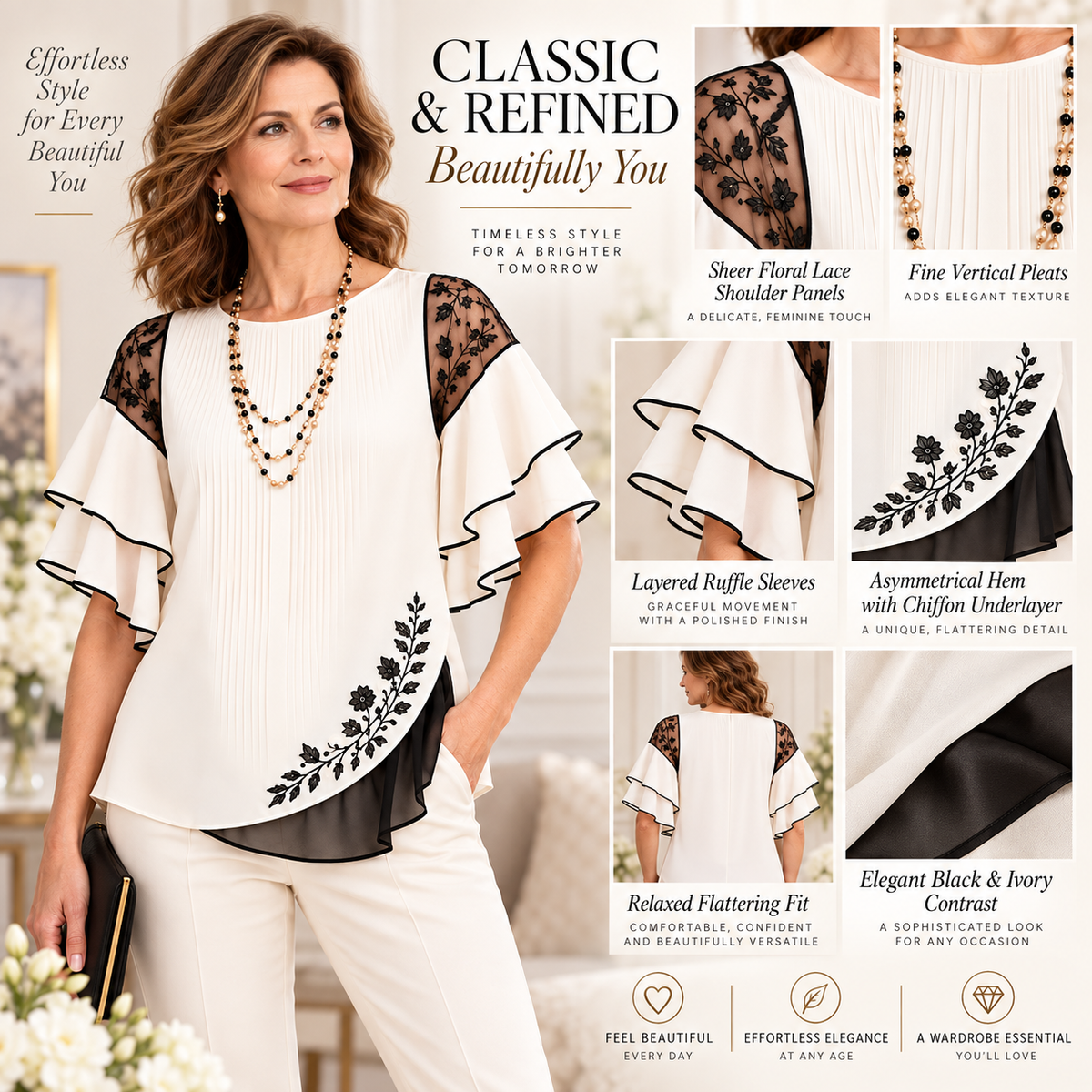 Abbey | Ivory black lace floral layered blouse 4