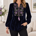 Clarissa | Floral embroidered velvet blouse navy 1