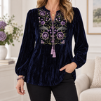 Clarissa | Floral embroidered velvet blouse navy 1