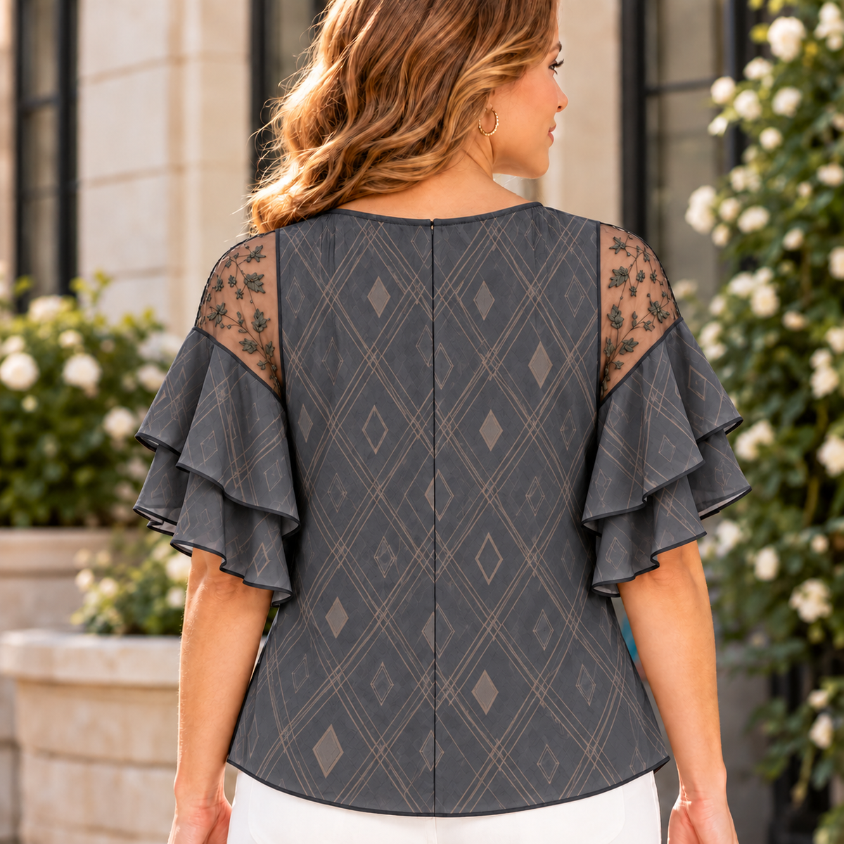 Angela | Geometric print pleated blouse 3