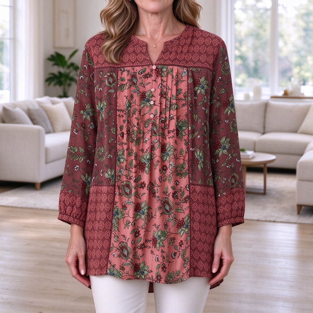 Darcy | Burgundy floral patchwork pleated button notch neck top 1