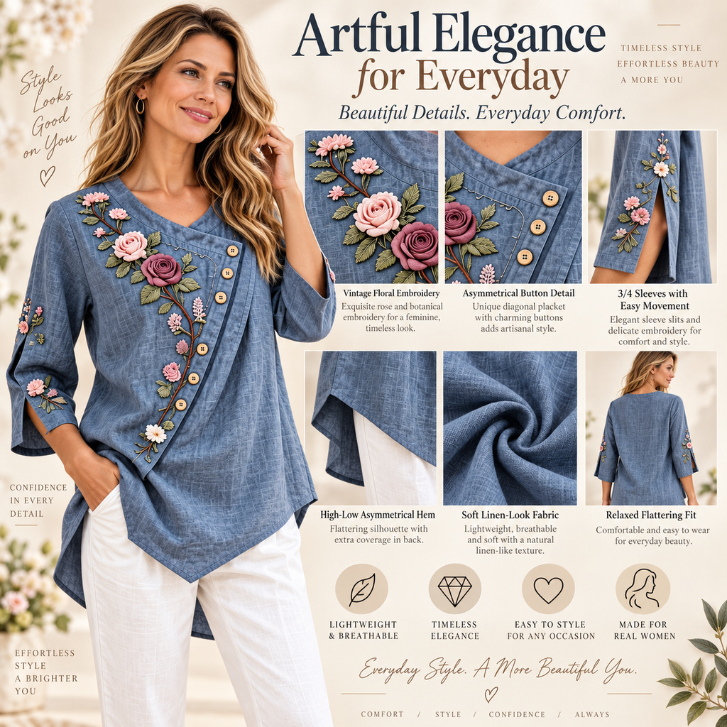 Penelope | Floral embroidered tunic blue 3/4 sleeve 4