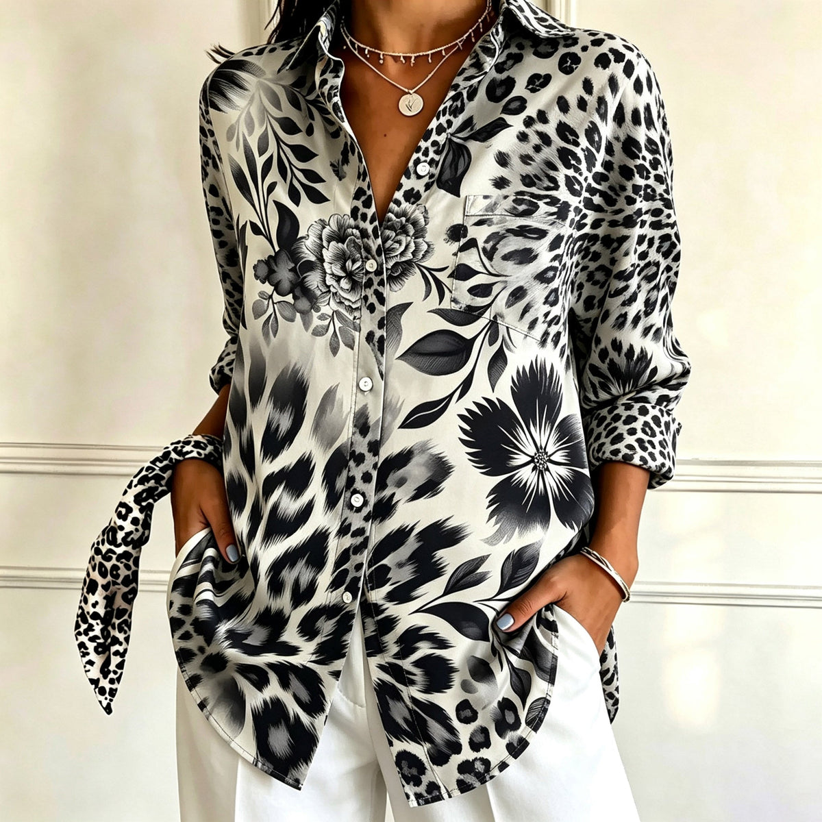 Janet | Black white floral leopard print collared shirt 1