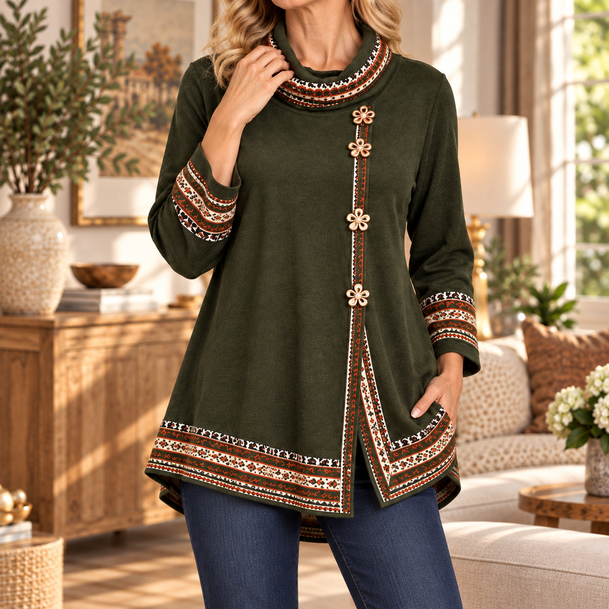 Alana | Cowl neck printed trim tunic 1