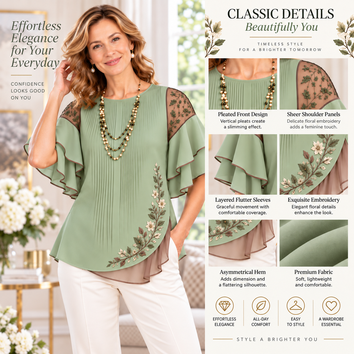 Adele | Sage embroidered blouse flutter sleeve 4