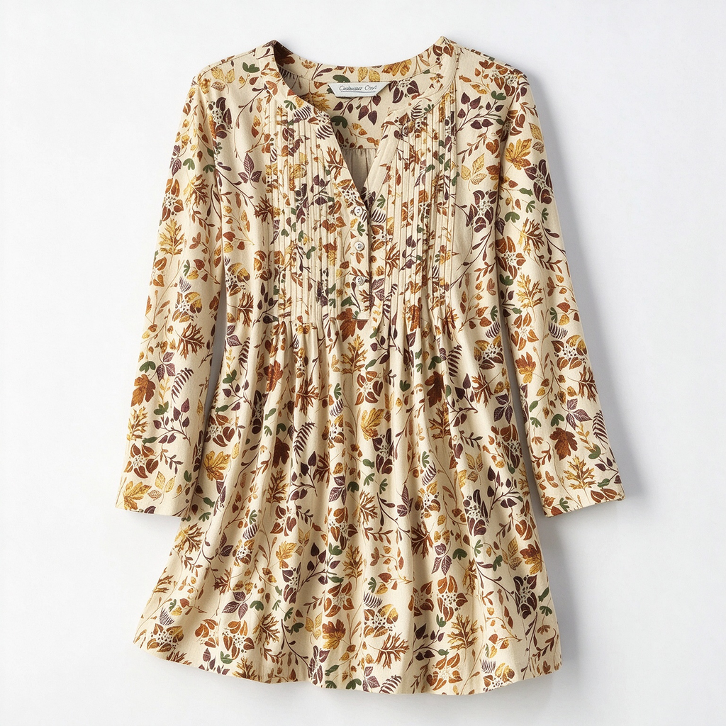 Corinne | Autumn leaf print pleated button notch neck top 2