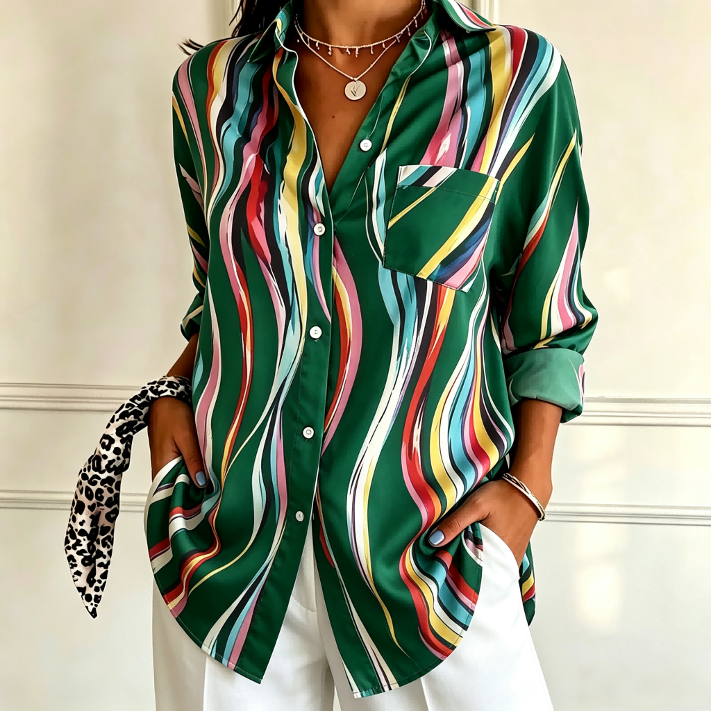 Justine | Green colourful abstract wavy stripe button-down shirt 1