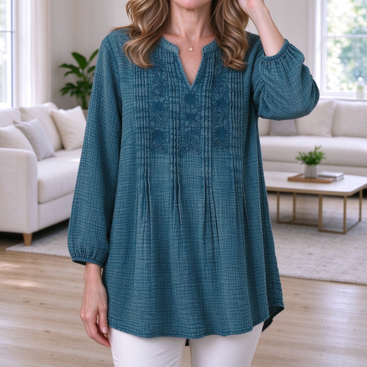Emma | Teal cotton gauze floral embroidered pleated v top 1