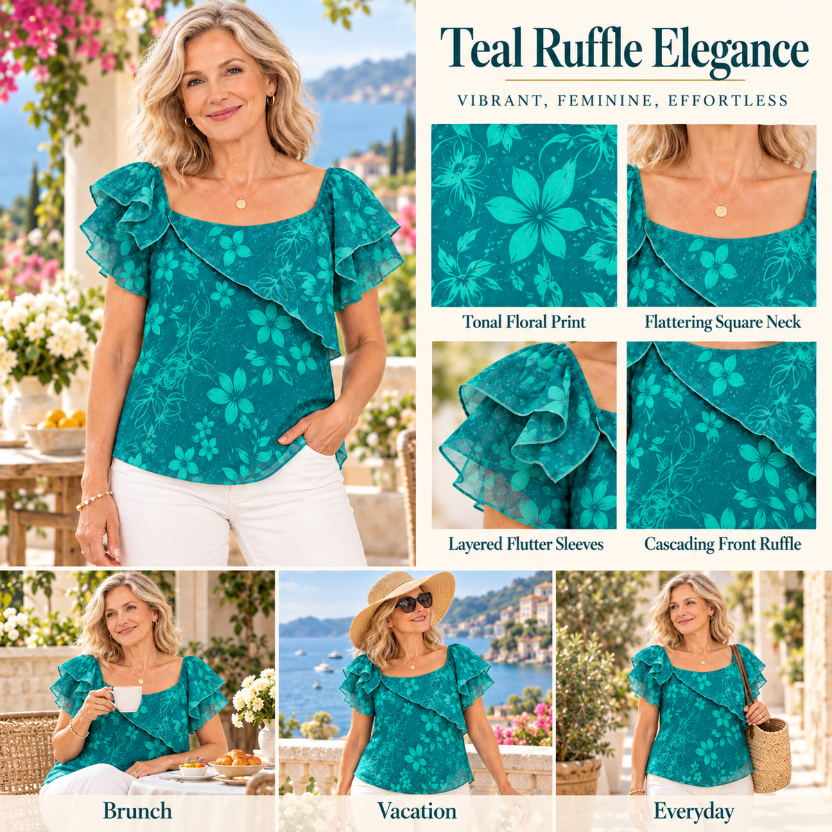 Elaine | Romantic teal floral ruffle blouse square neck 4
