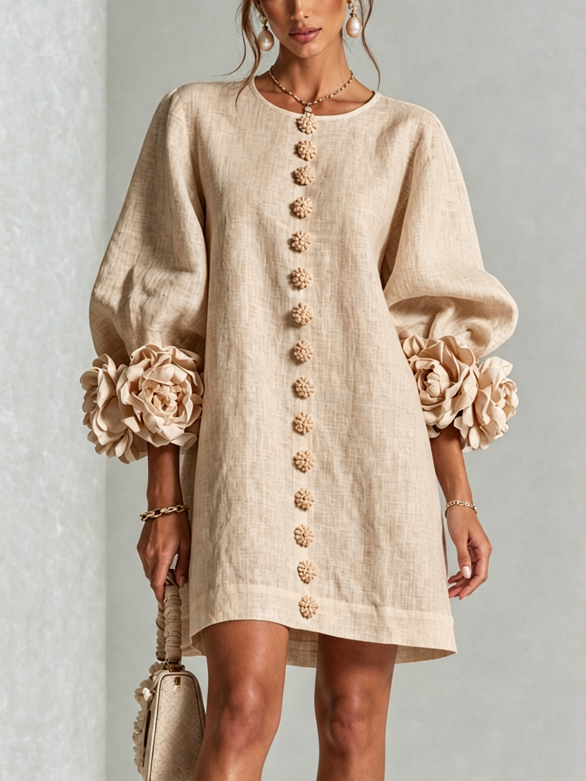 Aurora | Floral-cuff button mini dress 6
