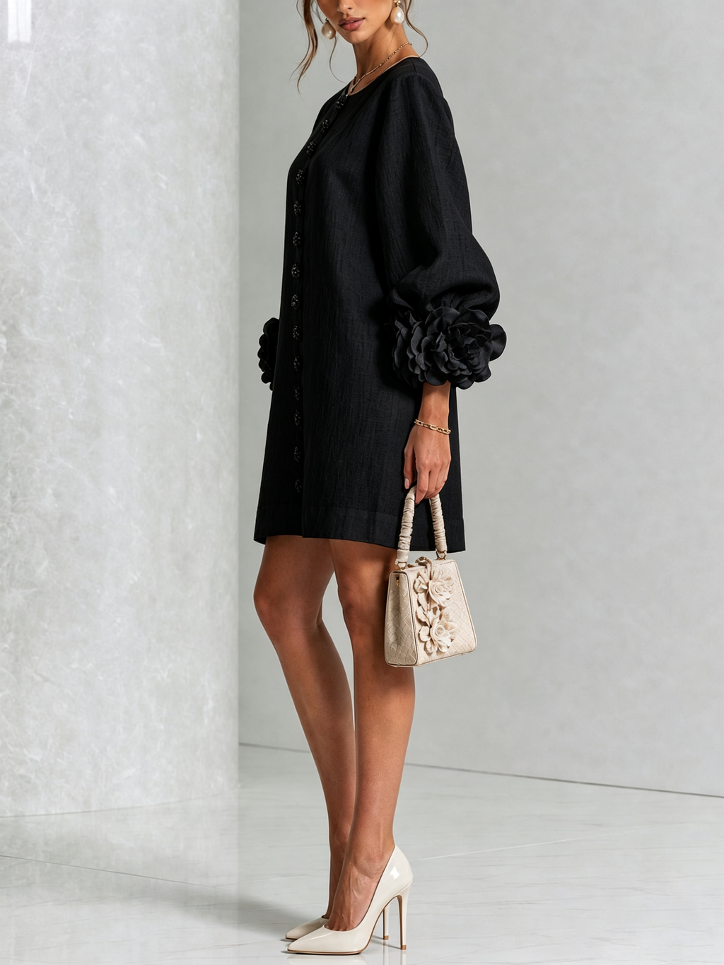 Rosamund | Floral-cuff button mini dress 2